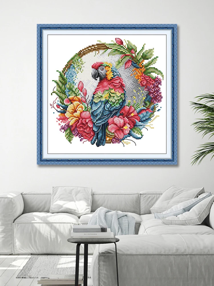 花环上的鹦鹉 十字绣2025新款风格客厅挂画