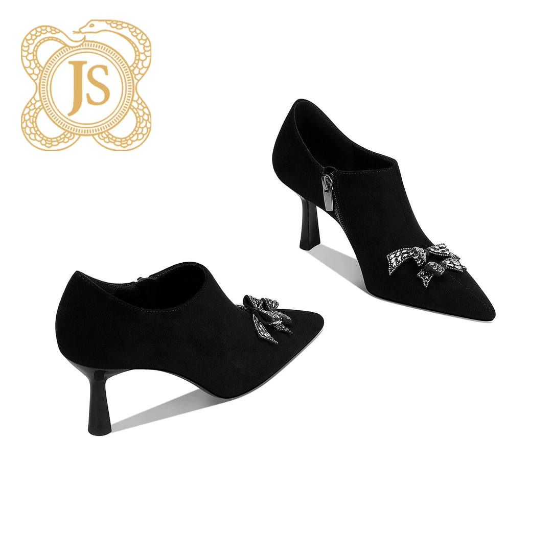 已开价，2542D5624闪钻蝴蝶结单鞋细跟深口名媛气质高级感小踝靴