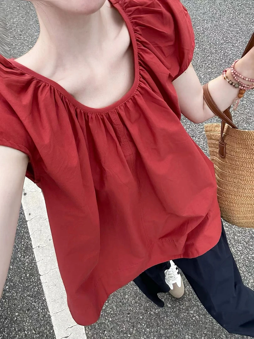 独特超好看韩系小飞袖衬衫女2025夏季宽松圆领后背绑带娃娃衫上衣