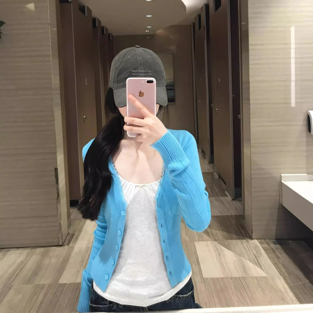 韩系慵懒感V领花边针织开衫女早春季设计感小众修身显瘦短款上衣