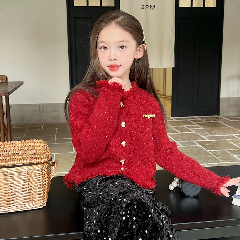 【清仓】栀了成长记童装女童名媛风红色开衫秋冬儿童宝宝洋气外套