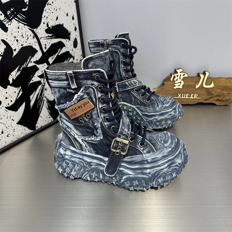 女士牛仔时尚百搭休闲厚底中筒高帮复古英伦风炸街秋季系带潮酷鞋