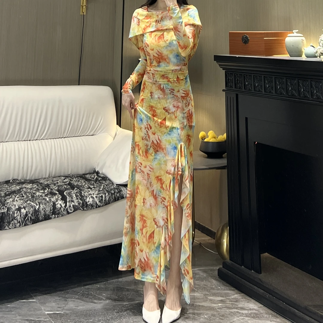 轻奢气质女人味连帽一字领长袖玉兰清香显瘦修身百搭开叉连衣裙