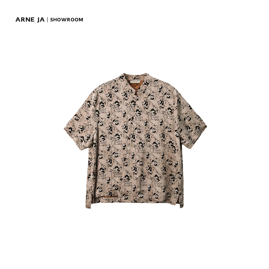 ARNE JA｜“好好熊猫”复古立领斜襟盘扣开叉提花衬衫A1010