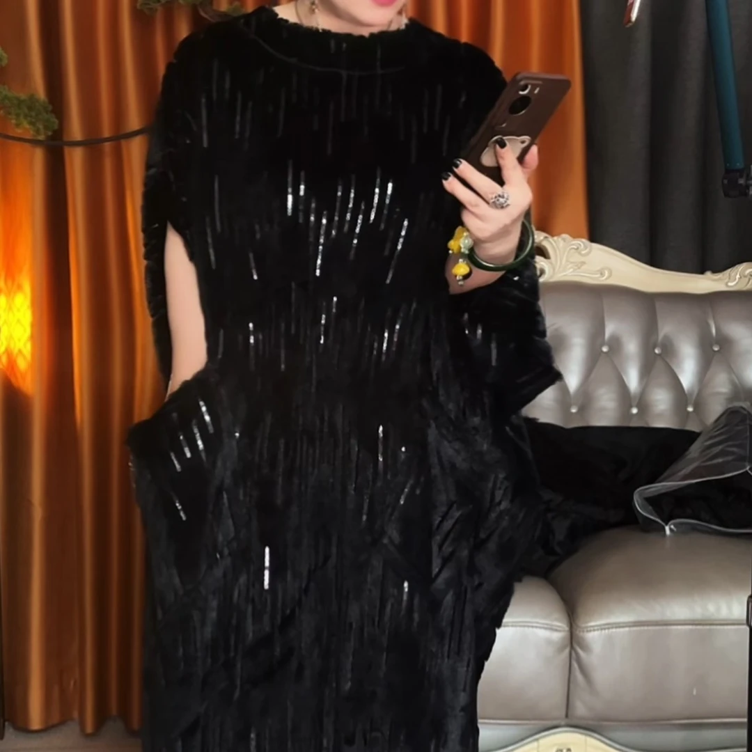 黑色全毛拱针工艺外披(130)