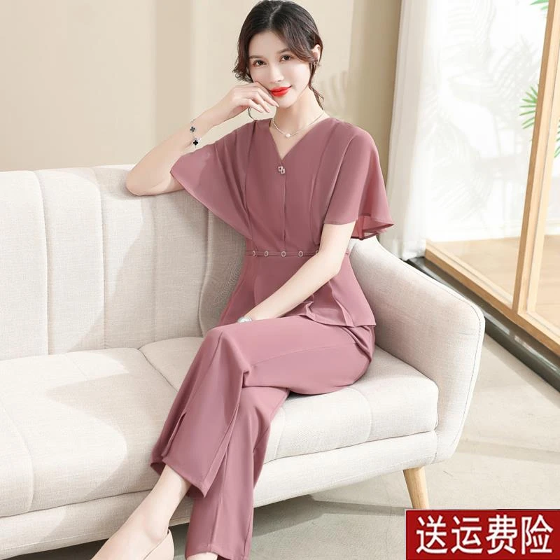 妈妈装夏装新款洋气雪纺衫套装短袖上衣两件套夏季中老年女装