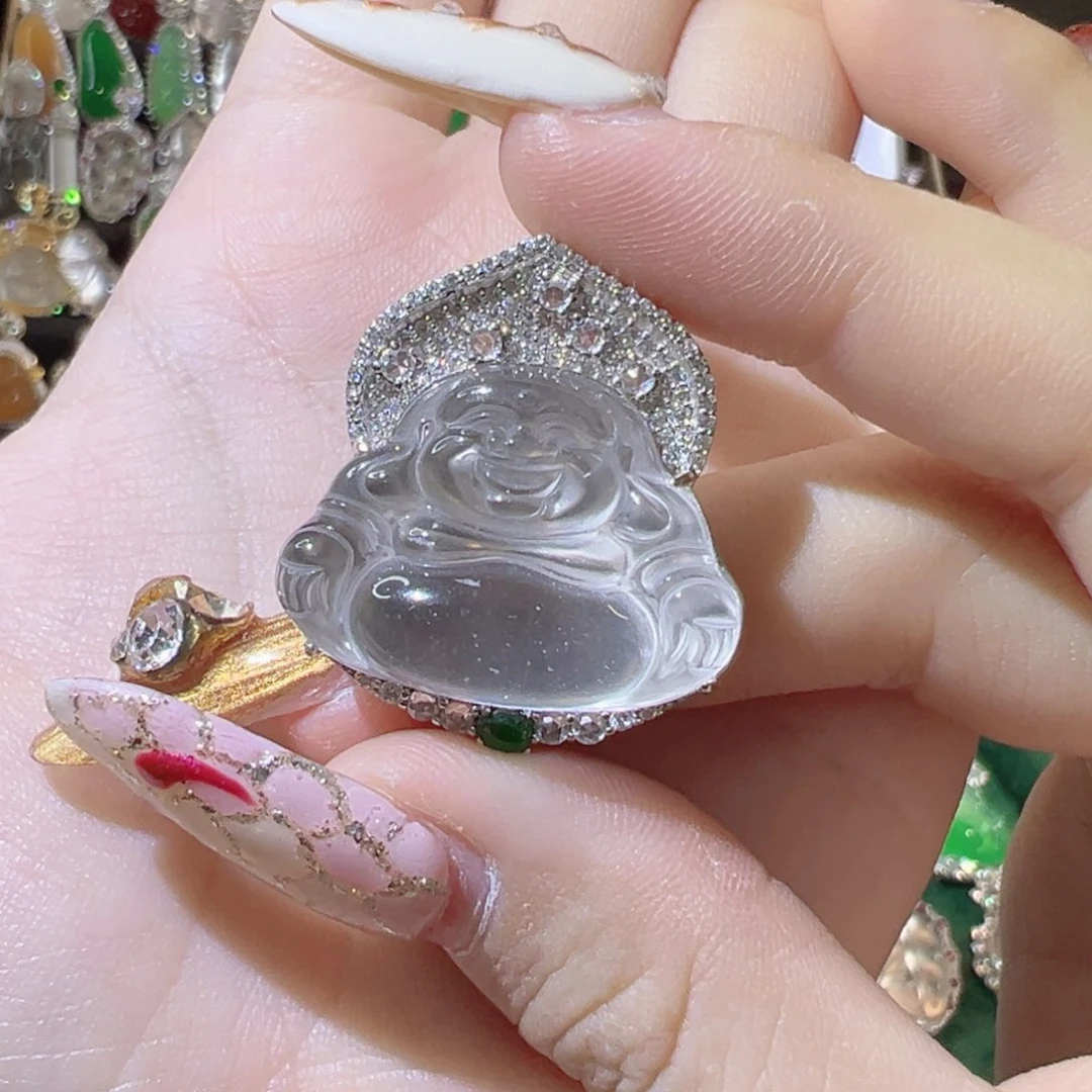 石英质玉颈饰银S925镶嵌可拆卸半包款白冰佛～