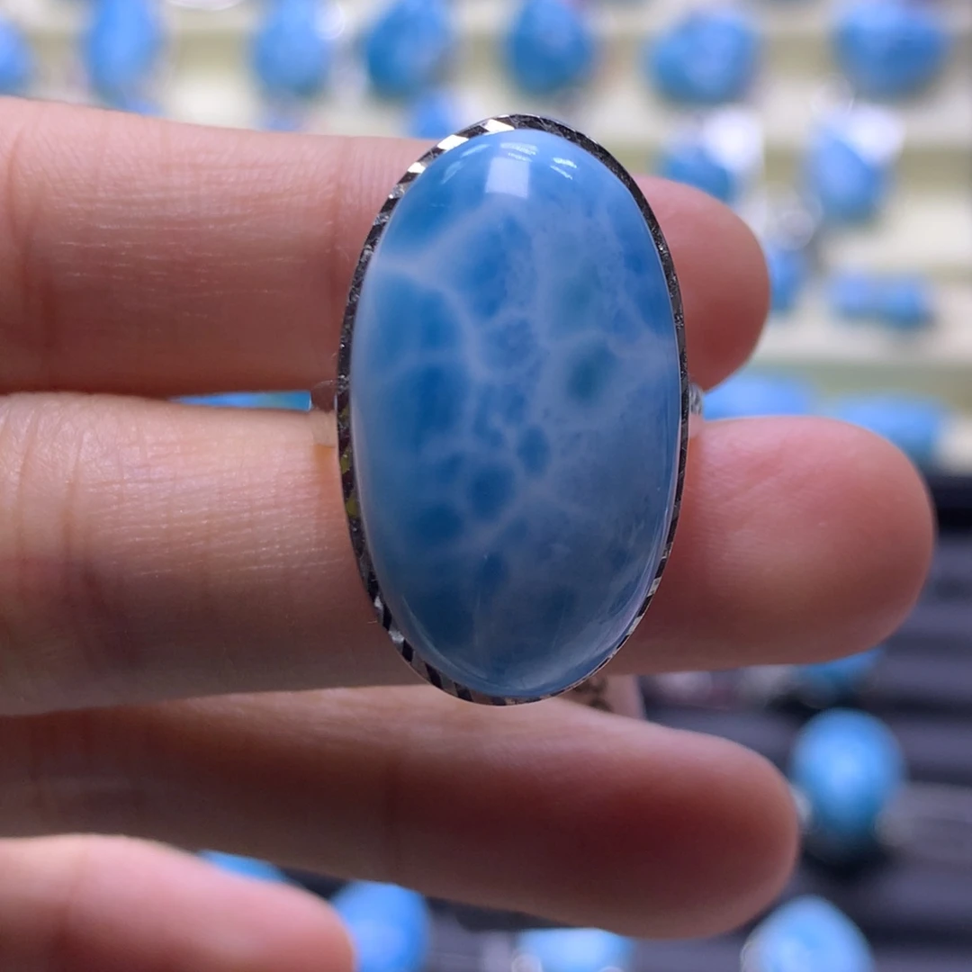 针钠钙石（海纹石）银S925镶嵌戒指蛋面戒指色差略异