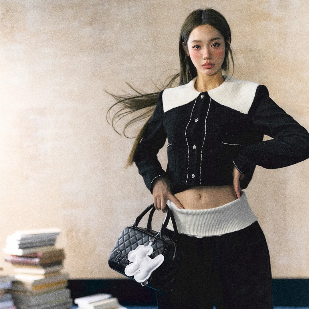 【LaluneDuCiel】法式时尚针织领短款撞色开衫+小香风针织腰长裤