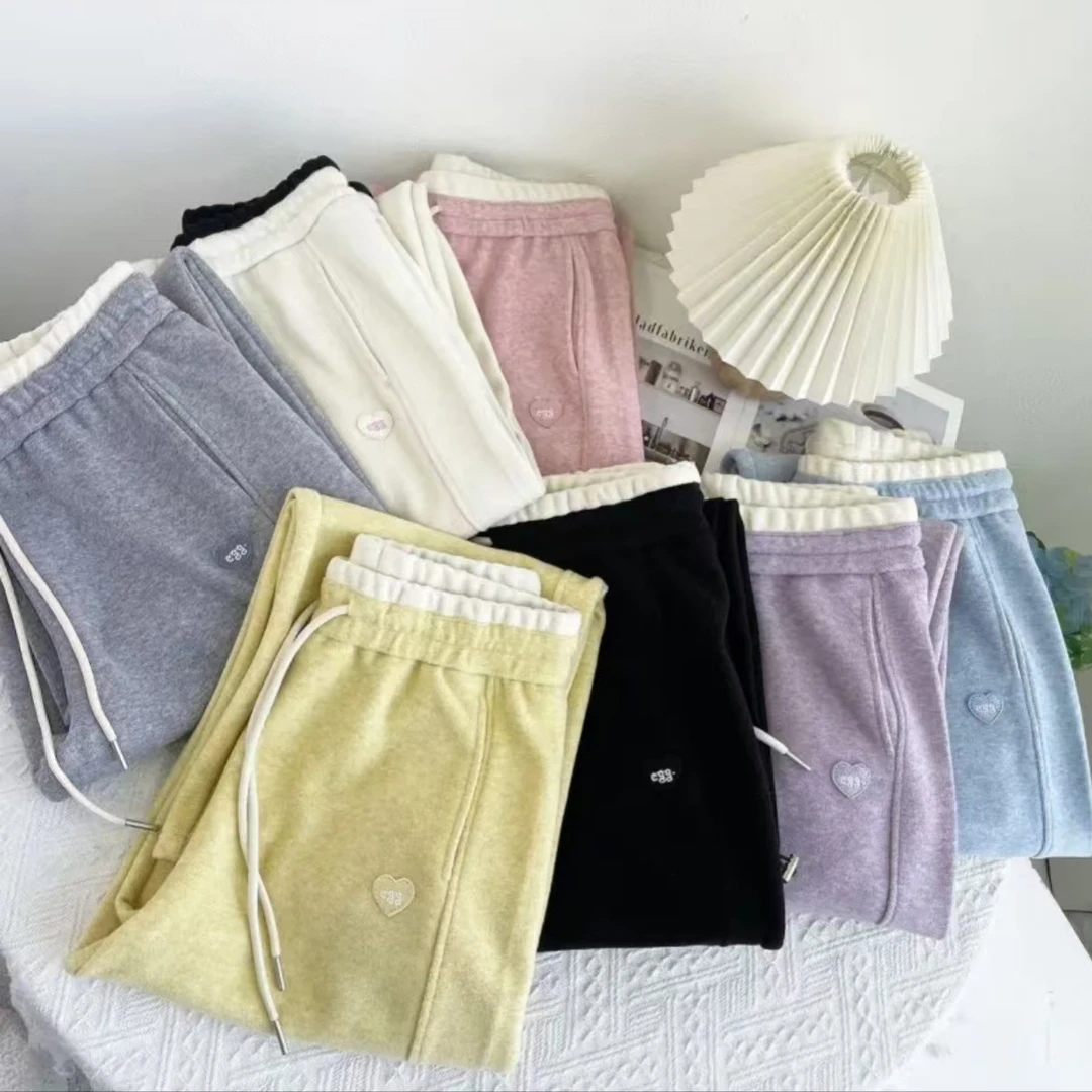 春款糯米羊绒直筒阔腿遛弯裤女士拼色腰松紧垂坠长裤休闲束脚裤子