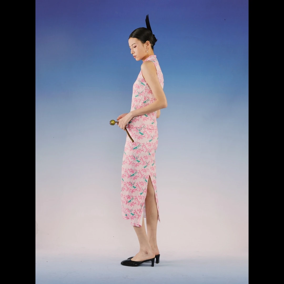 LOUMUTAKU梦泽 新中式「陆月桃螳」螳螂弹力褶皱套装连衣裙春夏