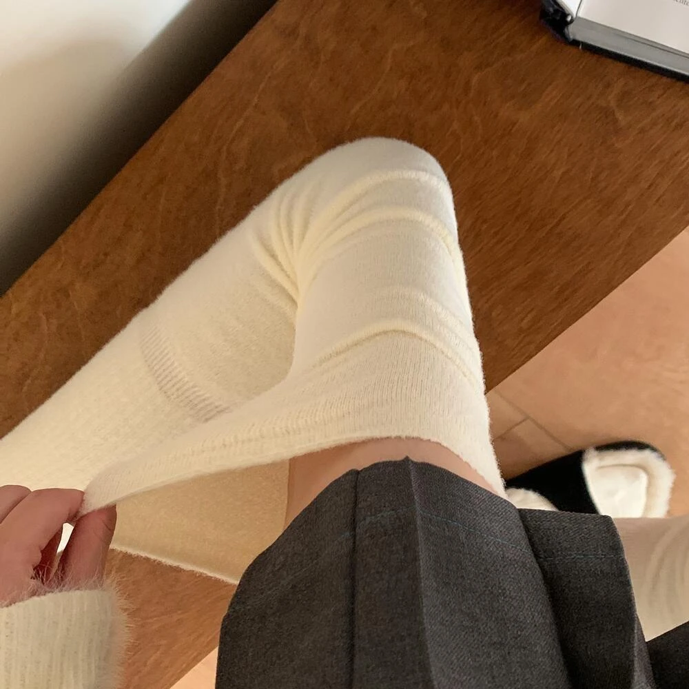 秋冬JK过膝袜保暖加毛绒拼接高筒堆堆袜奶白色雪地长靴袜女百搭韩