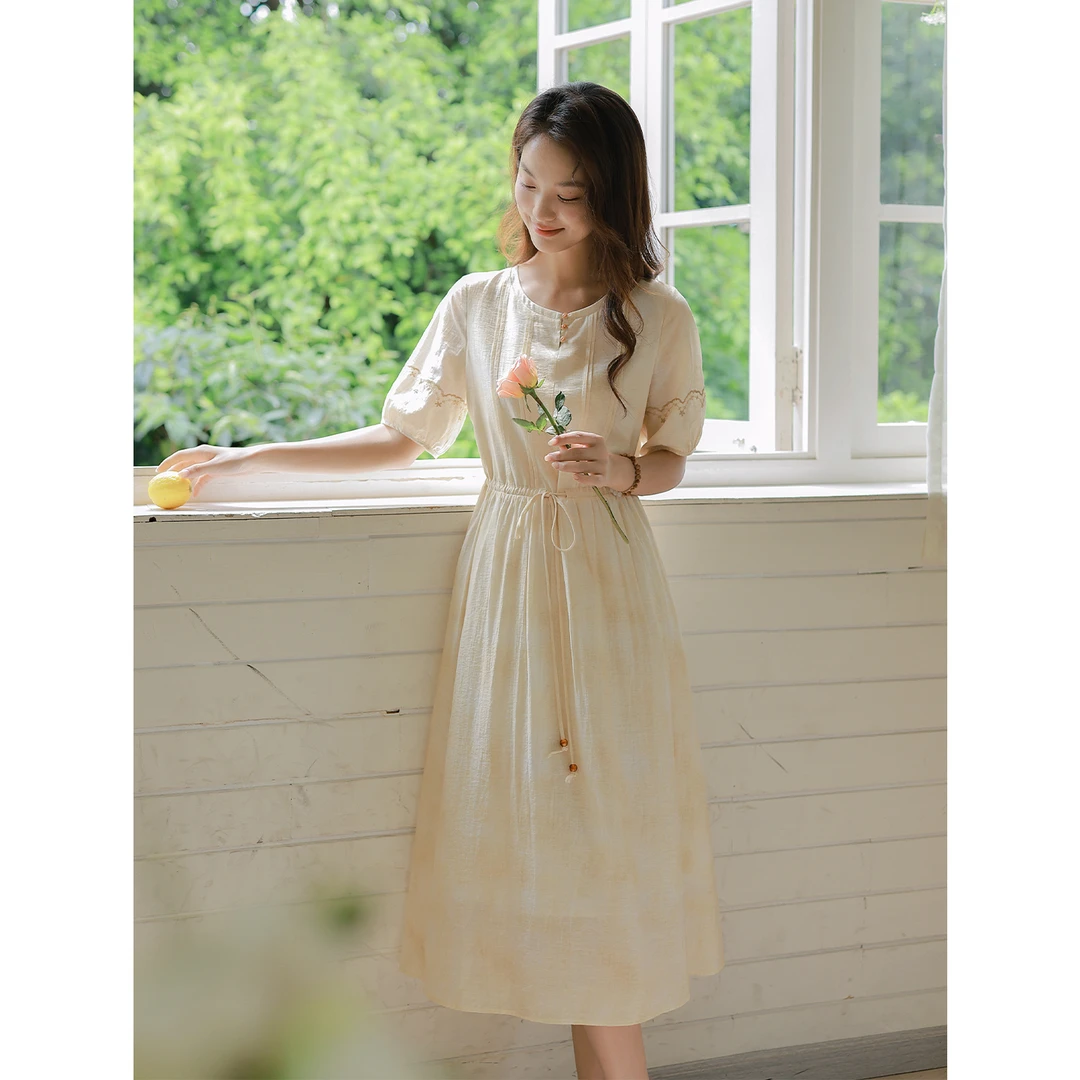 红念文艺黄色连衣裙女短袖系带通勤夏季2025年新款女装长裙子