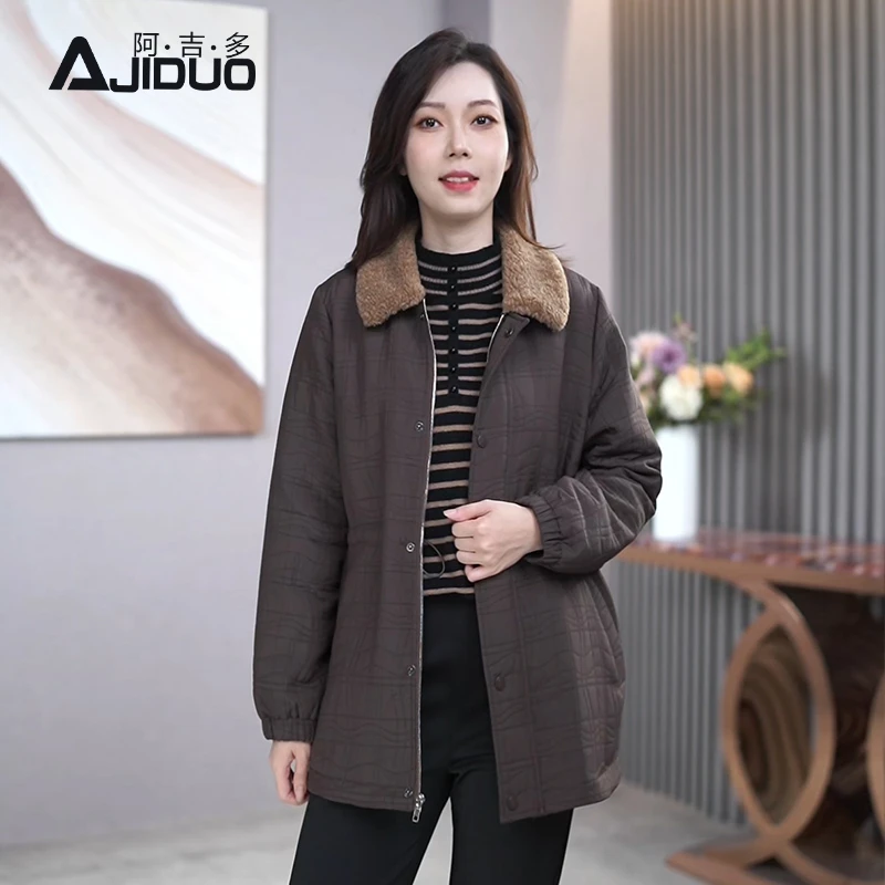 A32867阿吉多咖色长袖棉服女士冬季新款保暖时尚收腰棉衣毛领外套
