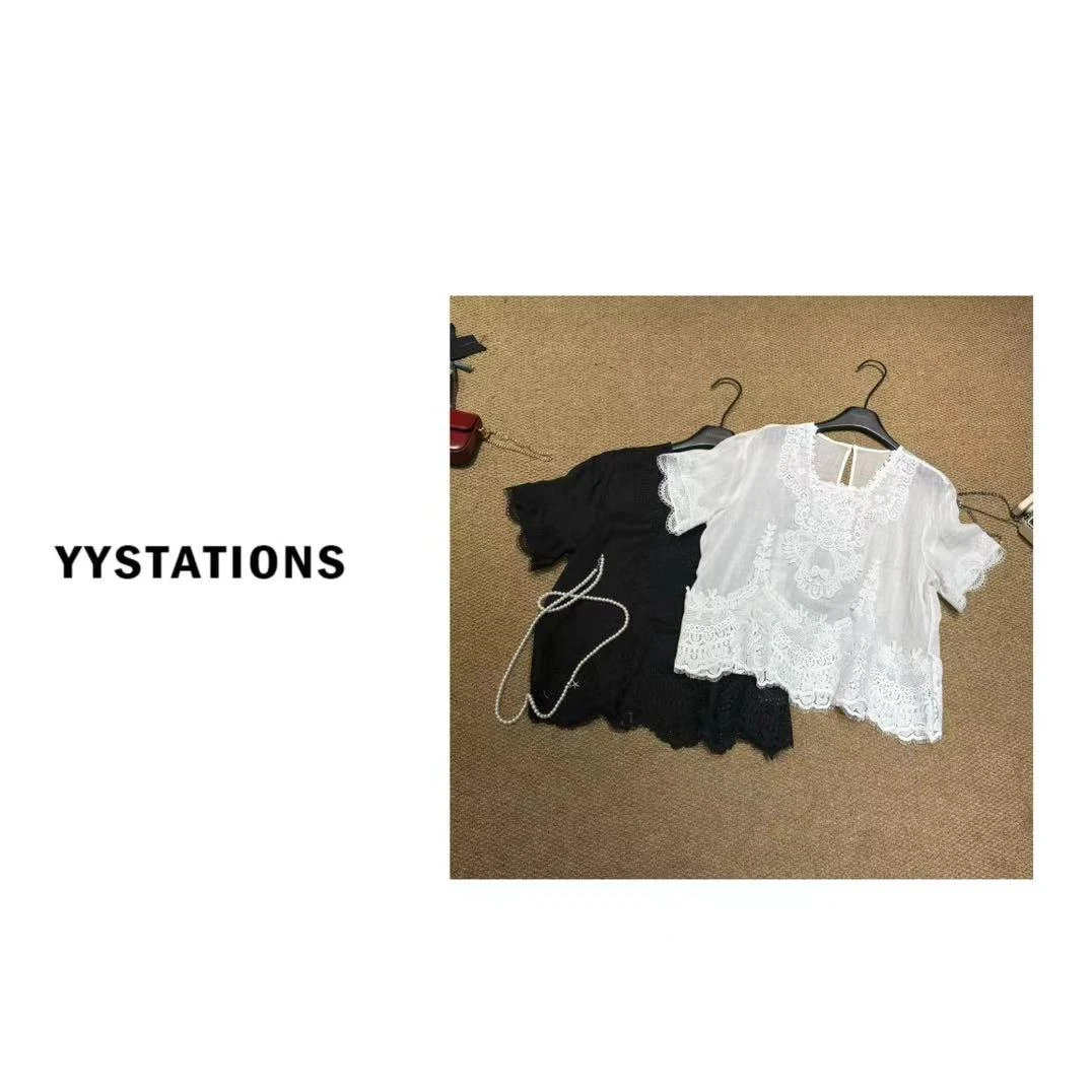 YYSTATIONS【剪纸花！】 法式复古拼接重工蕾丝勾花镂空小衫-C0332