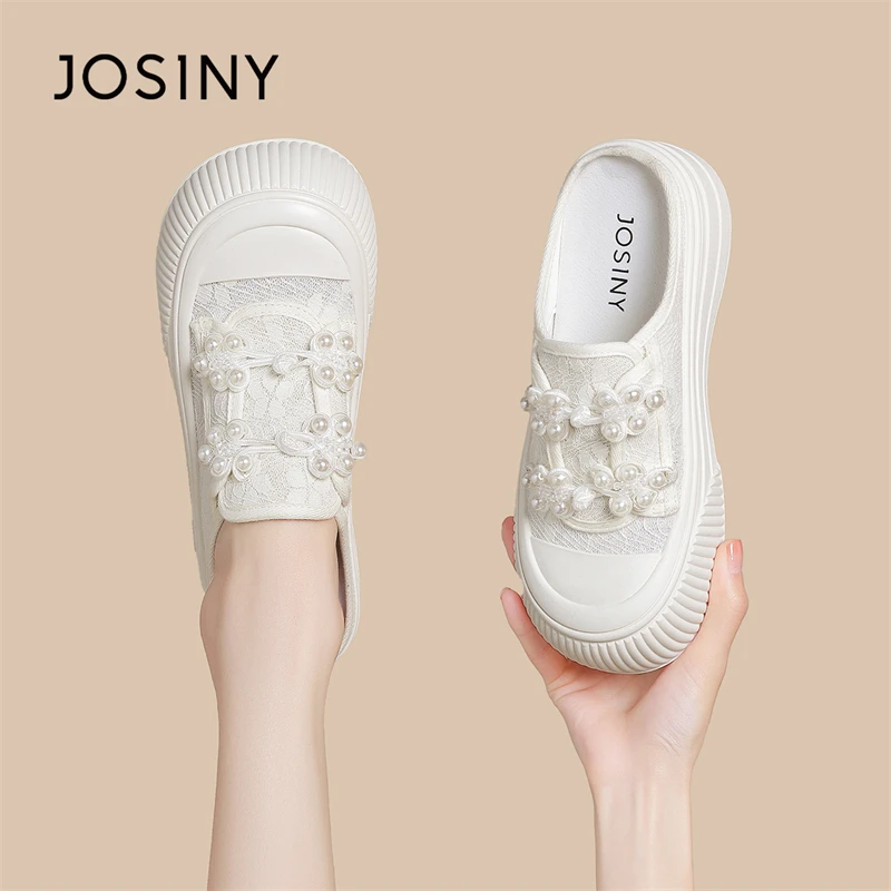 卓诗尼包头国风半拖鞋女2025新款夏季外穿厚底一脚蹬休闲帆布鞋女