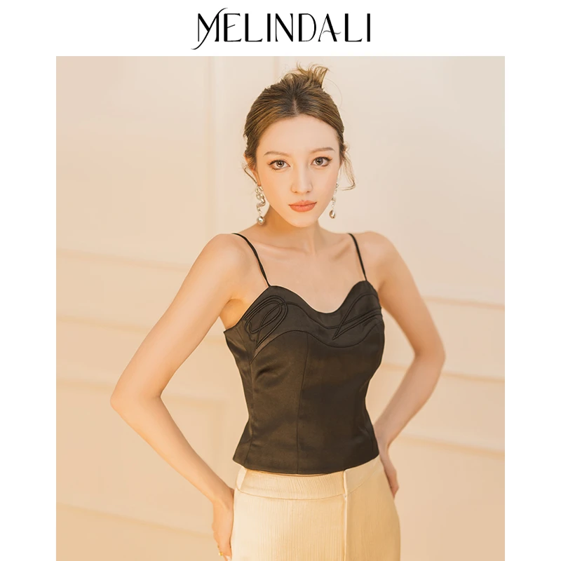 修身郁金香刺绣醋酸吊带气质背心夏季女士复古黑色法式美背显瘦