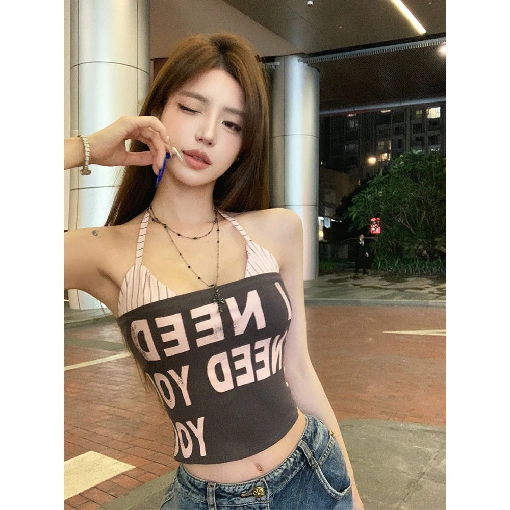 条纹挂脖吊带背心女早夏美式辣妹一字肩抹胸小上衣两件套裹胸外穿