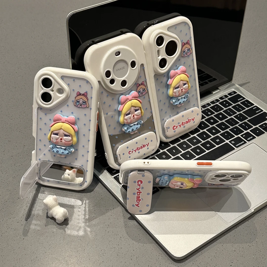 欧克里里波点立体哭娃支架适用苹果16奶油手机壳华为vivo小米oppo