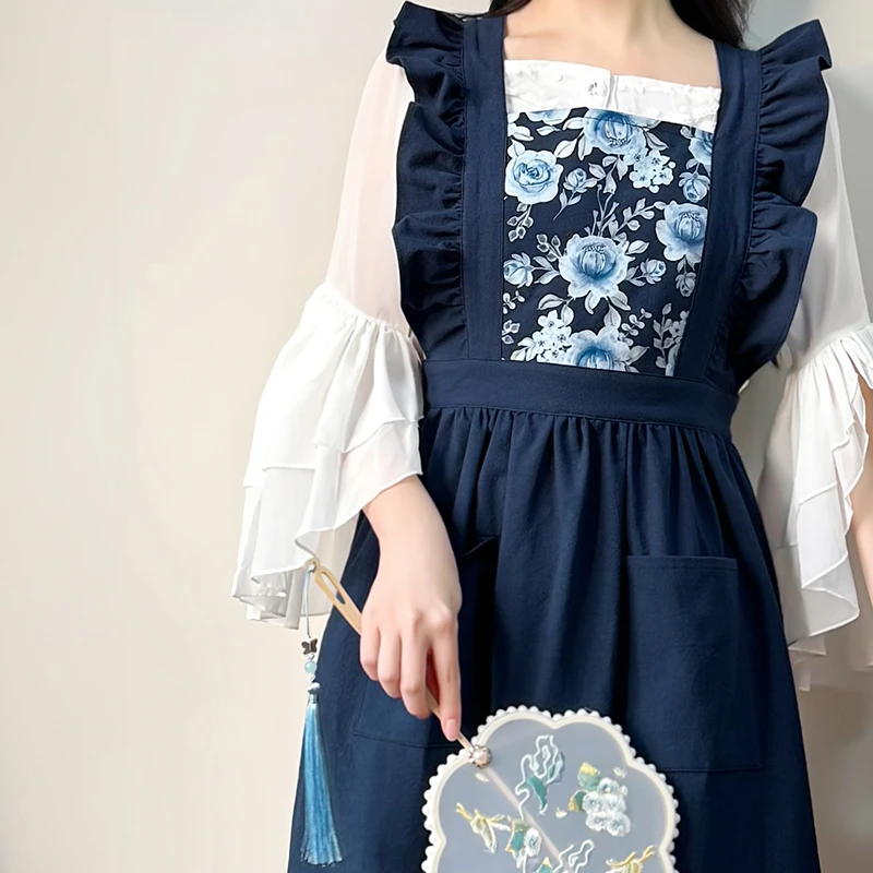 拼接中式室内无袖围裙围裙罩衣家用袖套复古做饭韩版围兜成人网红