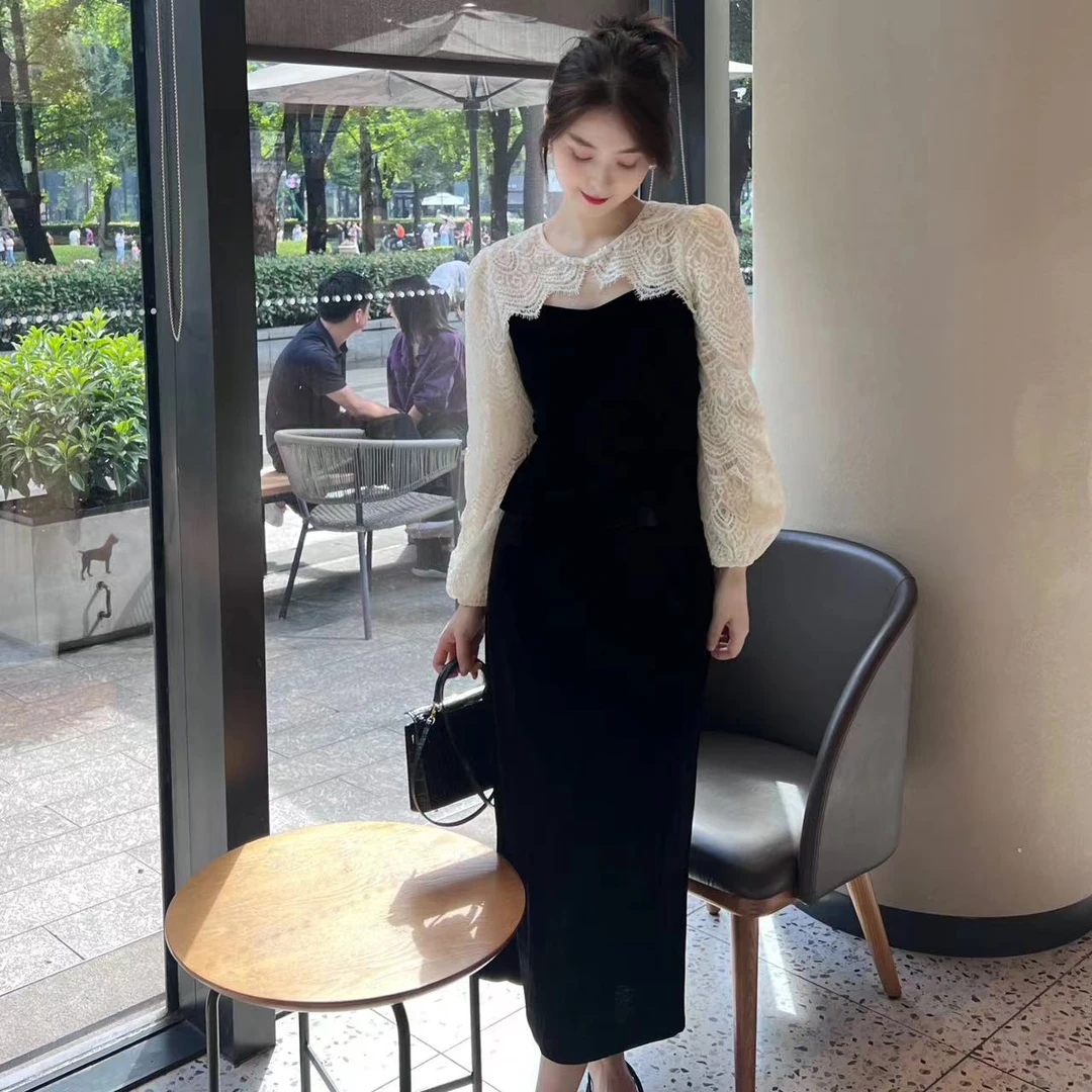 长袖拼接蕾丝上衣衬衫+气质显瘦中高腰半身裙套装