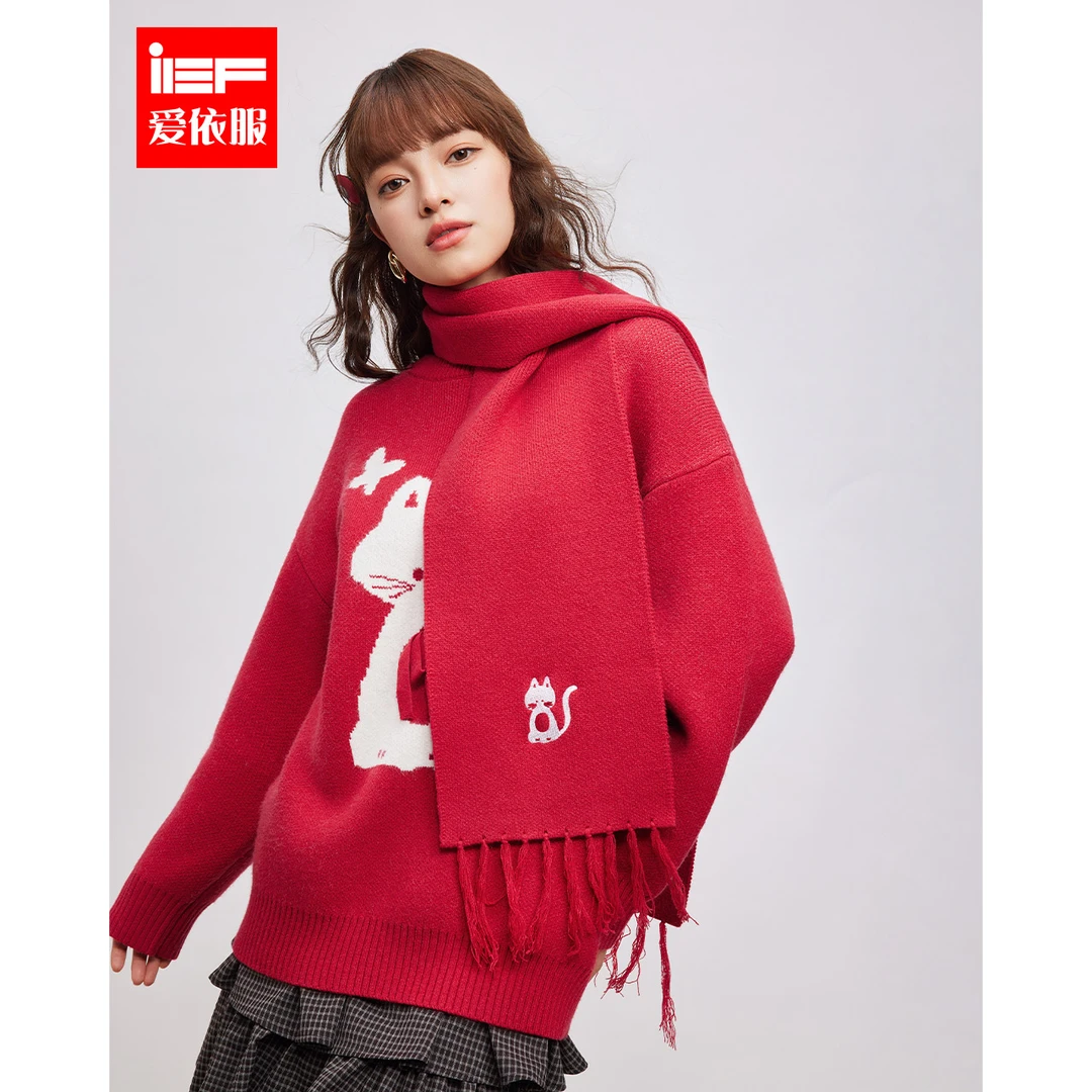 IEF/爱依服毛衣2025冬季新款时尚小众猫咪印花通勤百搭毛织上衣