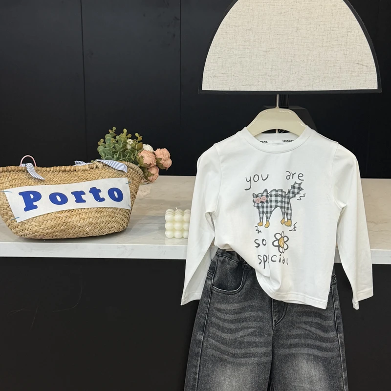 【现货】leomama女童t恤猫咪长袖春秋款2025小女孩宝宝洋气秋装上衣