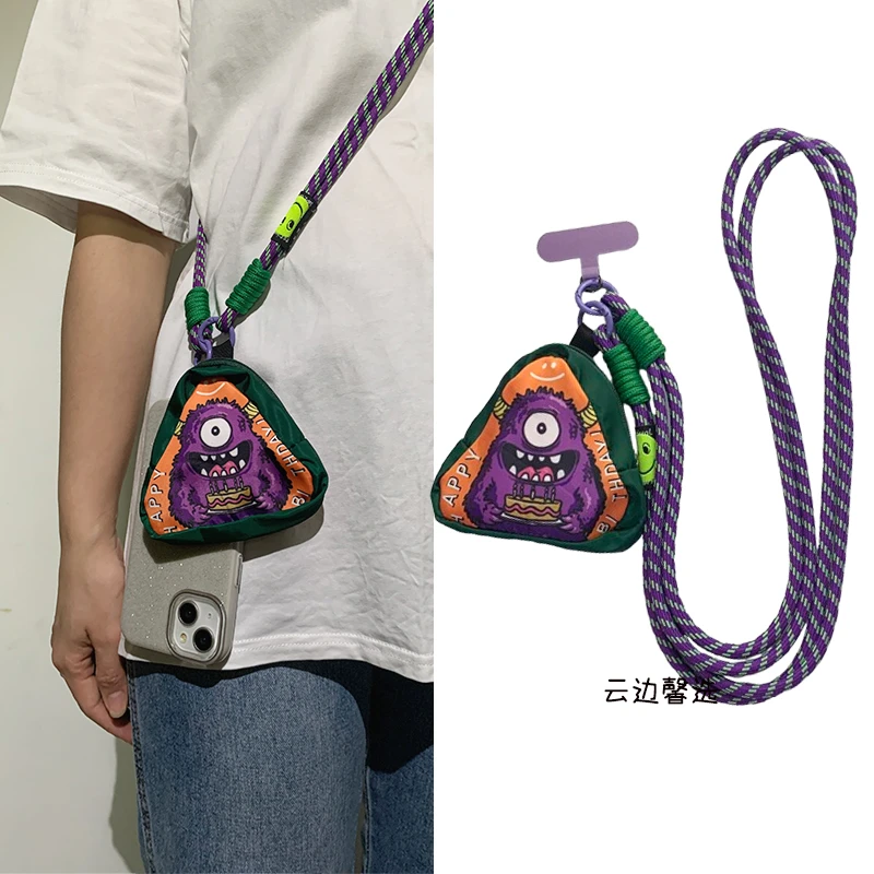 创意紫色怪兽零钱包手机壳斜挎绳挂饰品长款挂肩挂脖出门便捷收纳