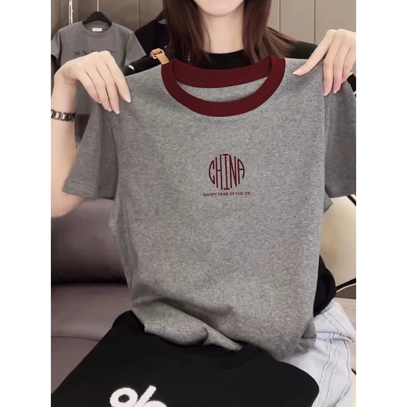 2025新款夏季正肩撞色领短袖t恤女设计感时尚百搭高灰色洋气上衣