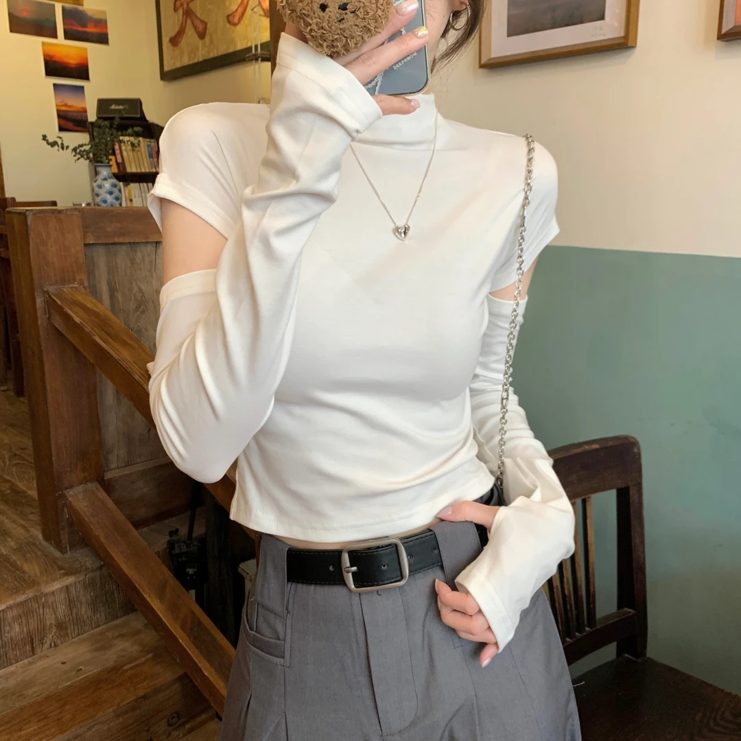 2025韩版半高领袖套设计感修身内搭短袖T恤女上衣