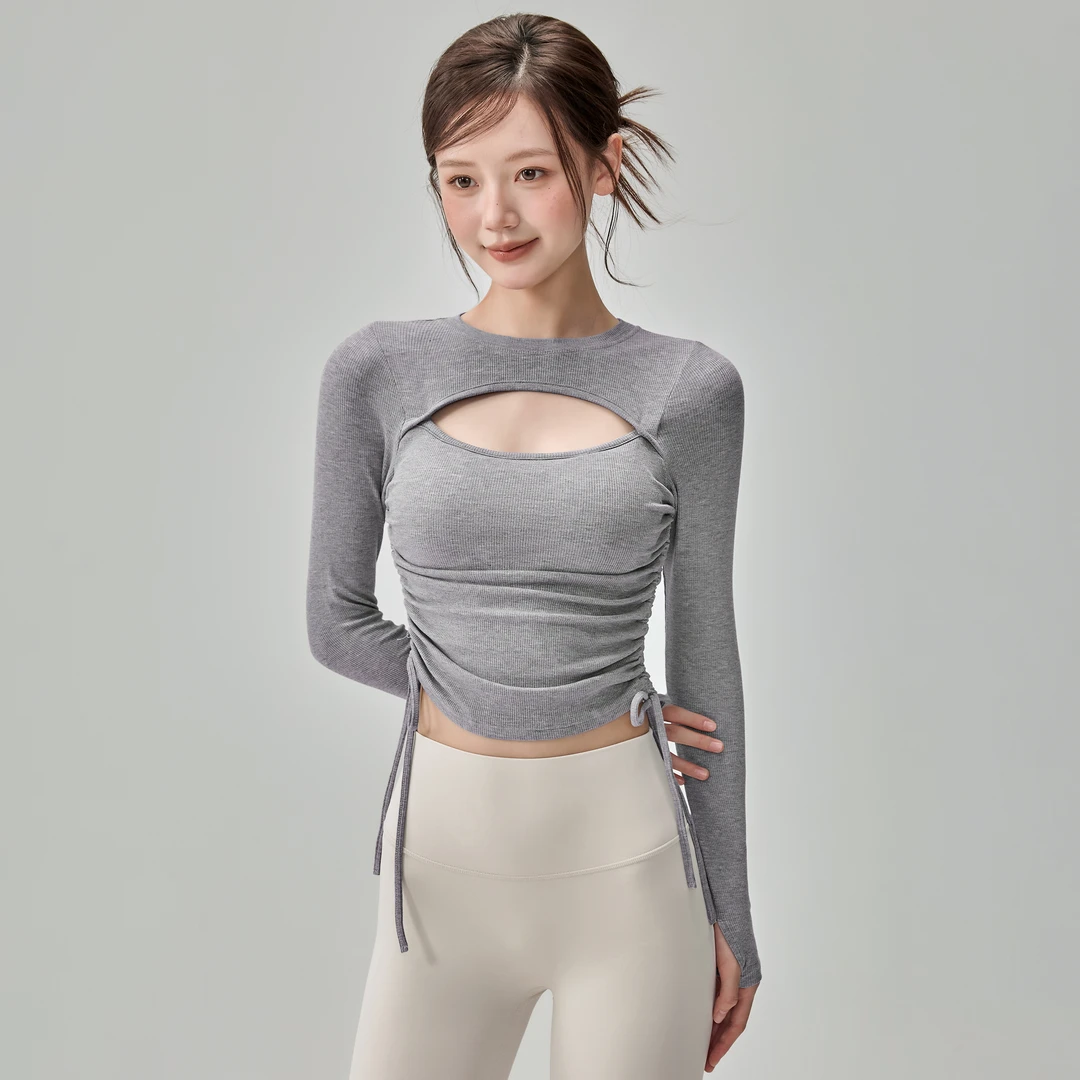 岚纹带胸垫瑜伽服女显瘦抽绳运动上衣新款跑步普拉提健身长袖秋季