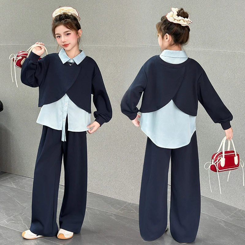 女童套装秋装中大童假两件衬衫2025新款洋气时髦儿童春秋季两件套