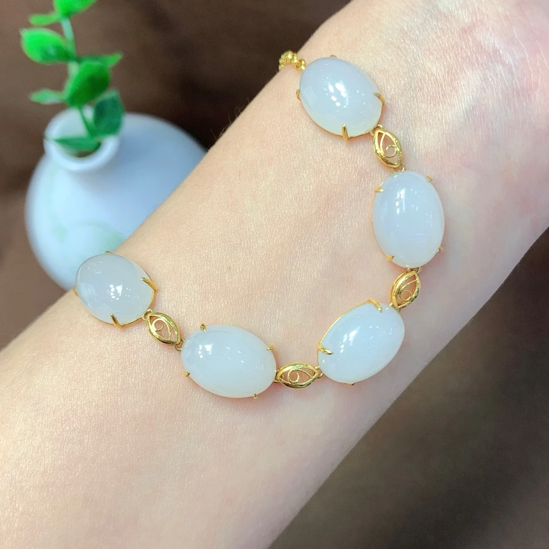 18K金和田白玉旦面手链