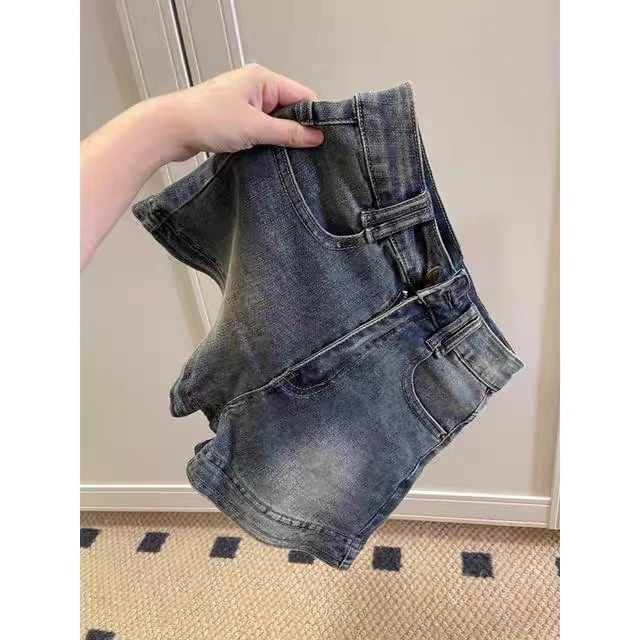 美式复古高街牛仔短裤女夏季薄款辣妹高腰修身显瘦做旧a字热裤子