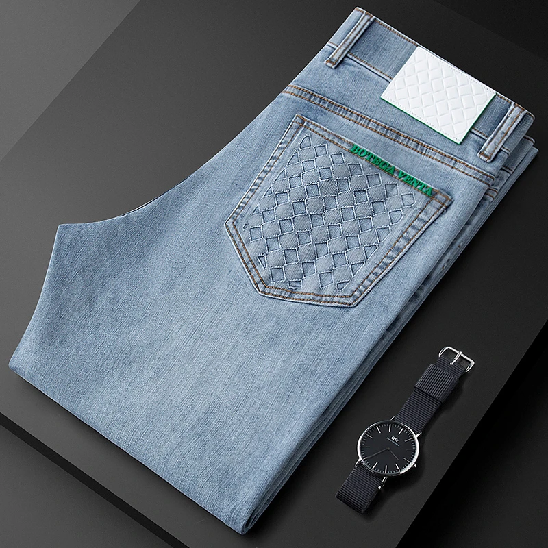 轻奢级春夏季薄款柔软高端欧货蓝色牛仔裤男修身直筒商务休闲裤男