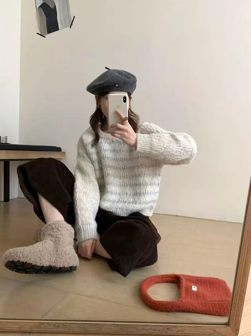 网红毛针织衫条纹圆领时尚冬季上衣长袖针织女厚款