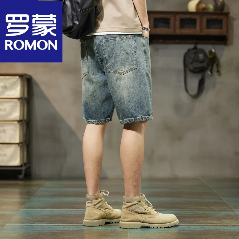 罗蒙2025春夏季潮牌牛仔短裤男宽松百搭大码五分牛仔裤男气质微弹