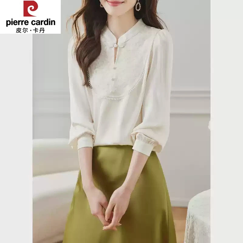 皮尔卡丹春装新中式轻国风衬衫2025新款别致重工刺绣复古盘扣雪纺