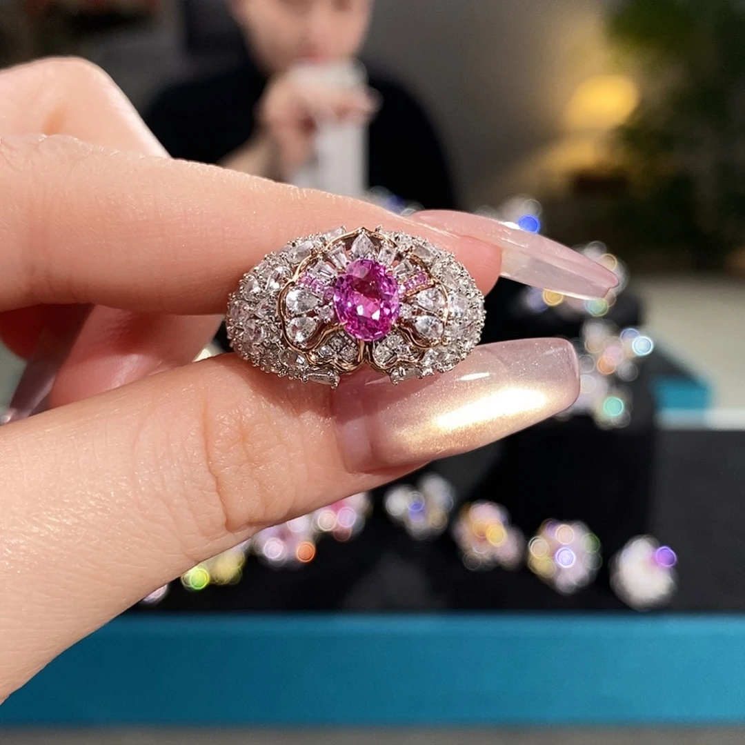 戒指18K金镶嵌彩色蓝宝石1.025ct无烧帕帕拉恰