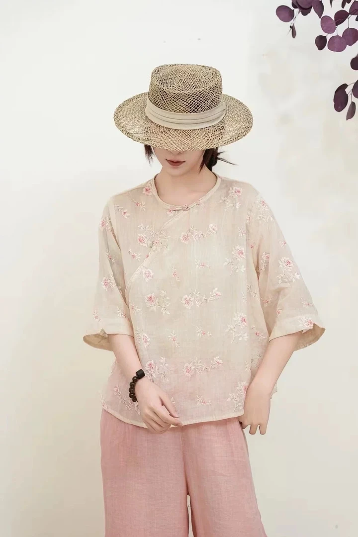 椿和新款【兰若】夏季国风休闲苎麻圆领衬衫上衣新中式斜襟中袖小衫