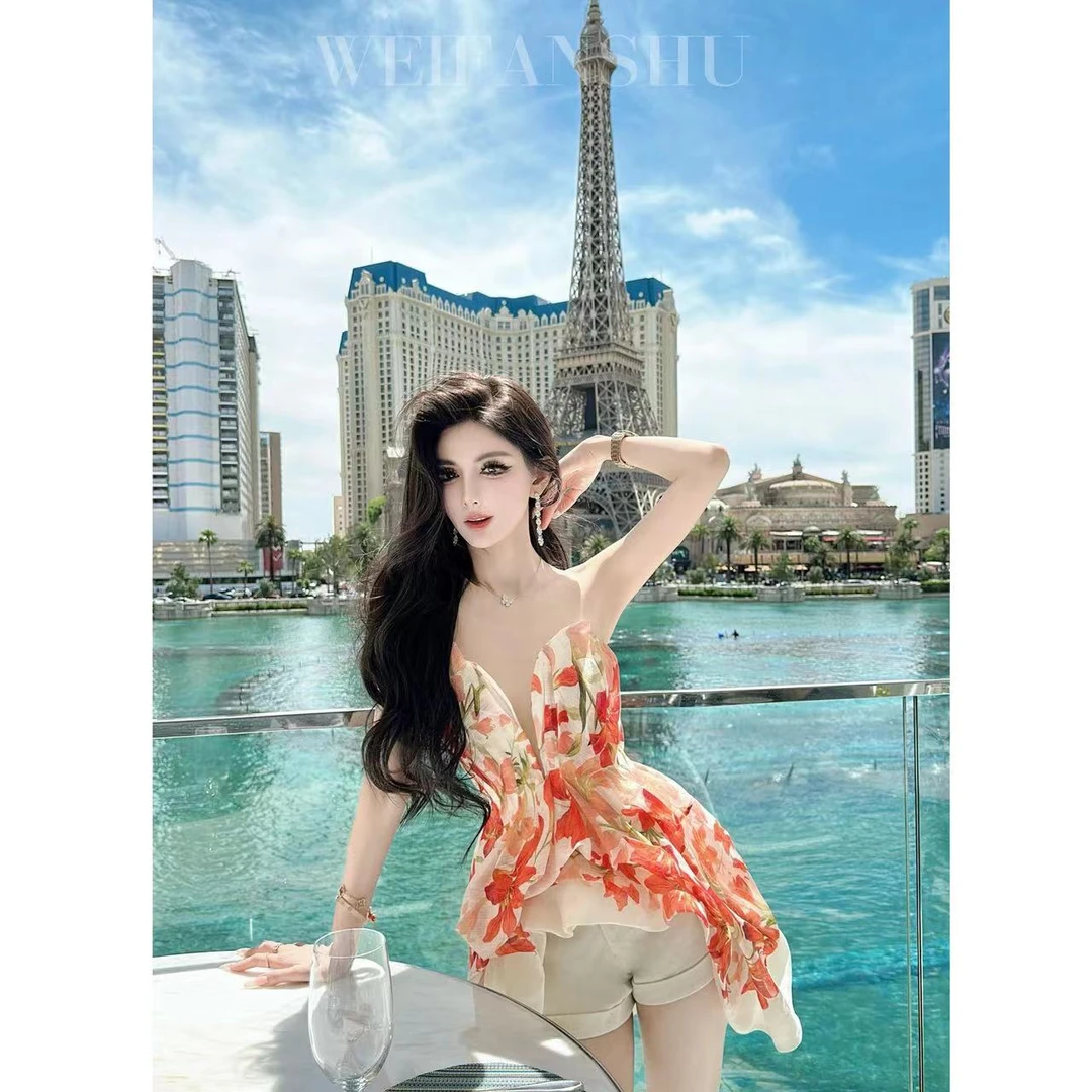 WEIFANSHU/魏凡舒【花花世界】抹胸上衣设计感显白收腰气质女装夏季