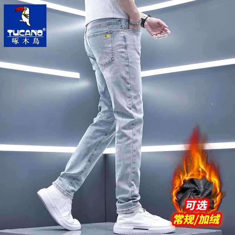 啄木鸟秋冬加绒轻商务男士牛仔裤男款爆款2025新款直筒修身长裤子
