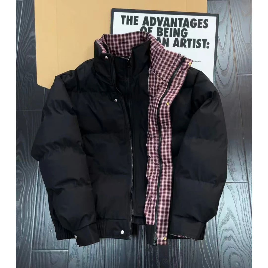 美式格子拼接假两件立领棉服男款冬季加厚保暖面包服潮牌棉衣外套