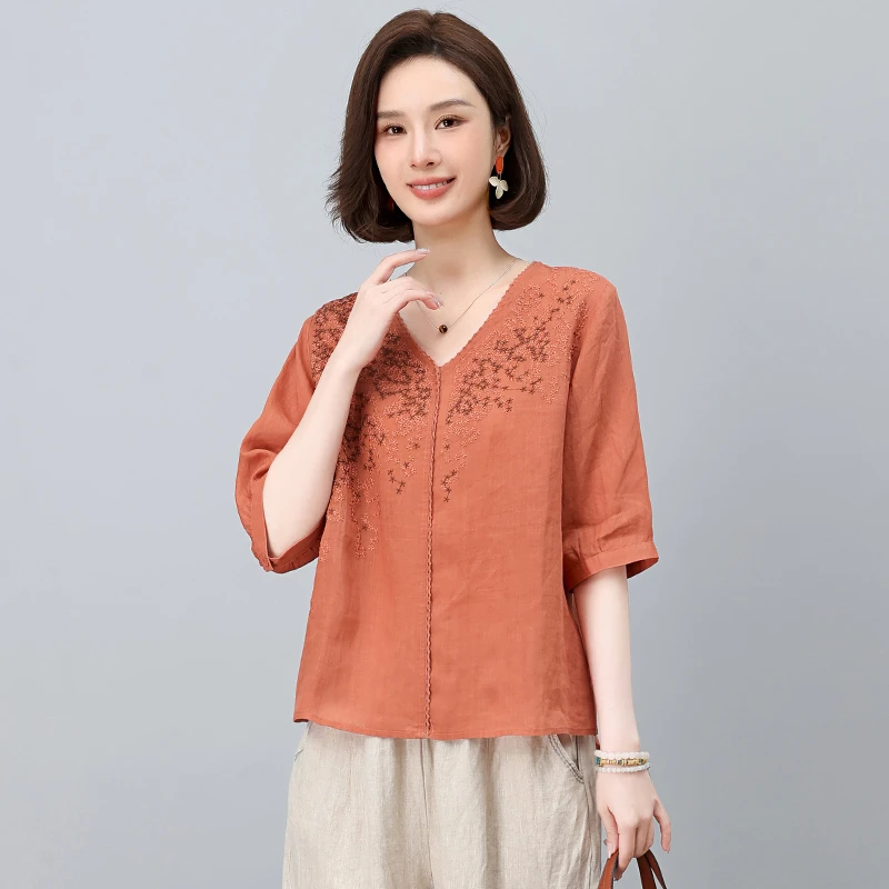 纯苎麻刺绣衬衫女薄款2025夏季新款宽松显瘦休闲妈妈装短袖衬衣女