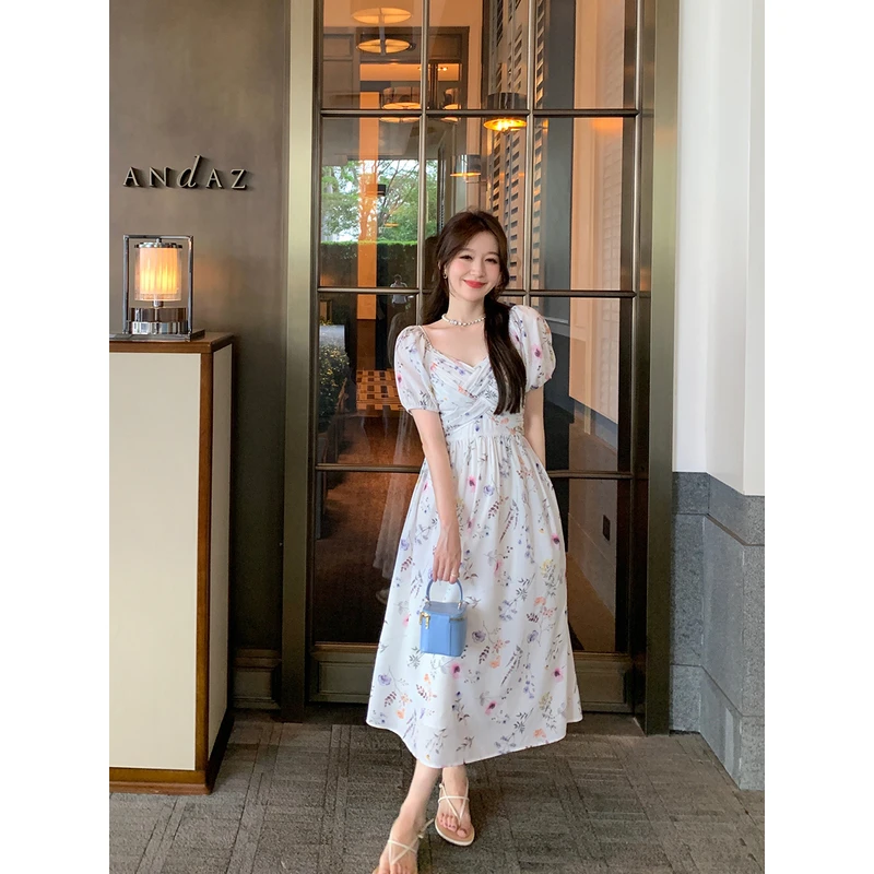 杨杨YANGRUOYU白色连衣裙女夏收腰气质显瘦复古雪纺法式V领碎花裙