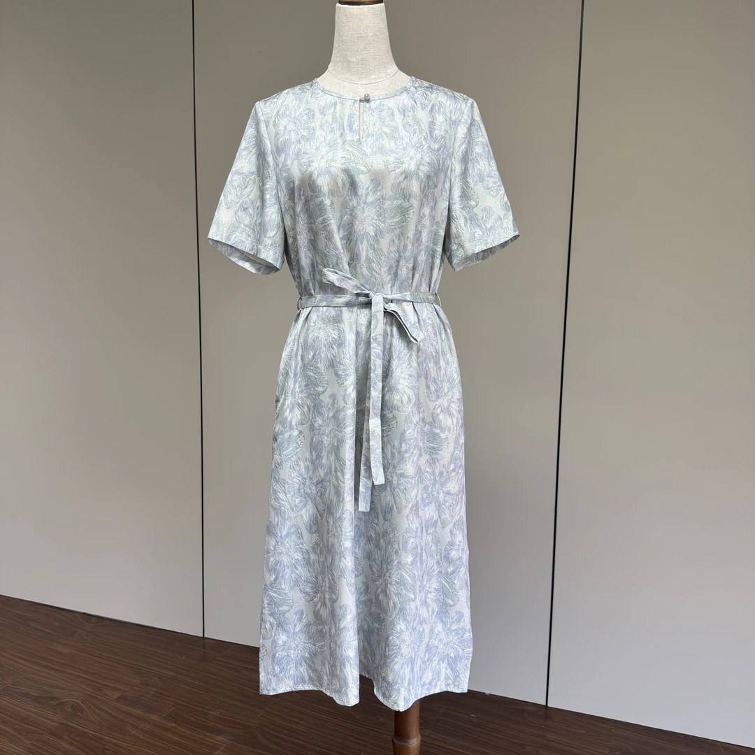 22姆米提花冠乐绉追踪定位高级印花金色收腰连衣裙L90190