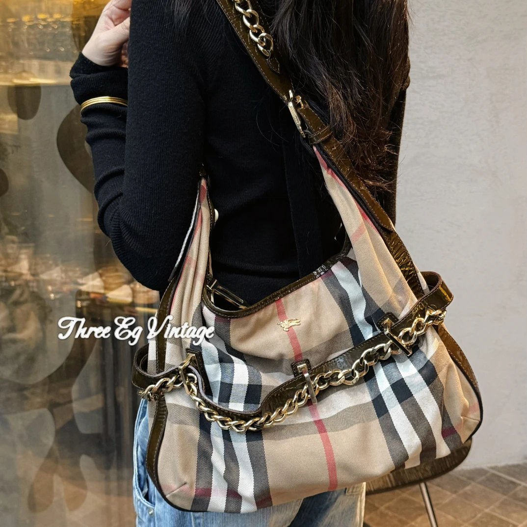 95新 BURBERRY/博柏利 经典格纹拼皮金链托特包/ThreeEG中古