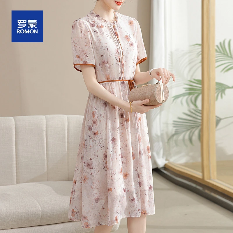 妈妈连衣裙夏季新款洋气大码遮肚中老年女夏装短袖雪纺裙子中长款