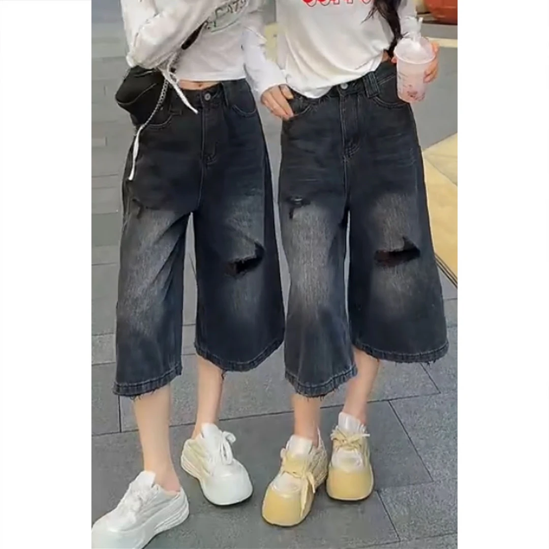 艾塔莉夏季女款破洞水洗牛仔裤子韩版中裤无弹复古阔腿裤常规休闲