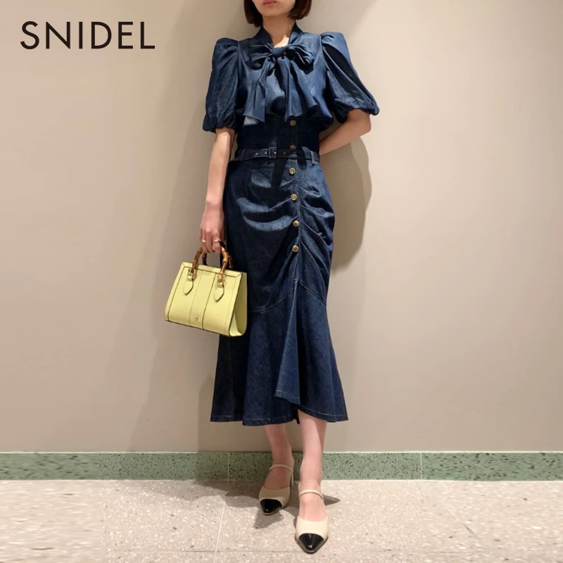 SNIDEL甜美纯色印花泡泡袖蝴蝶结系带衬衫SWFB231127